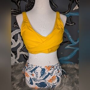 Yellow Bikini Top with Floral Bottoms Large